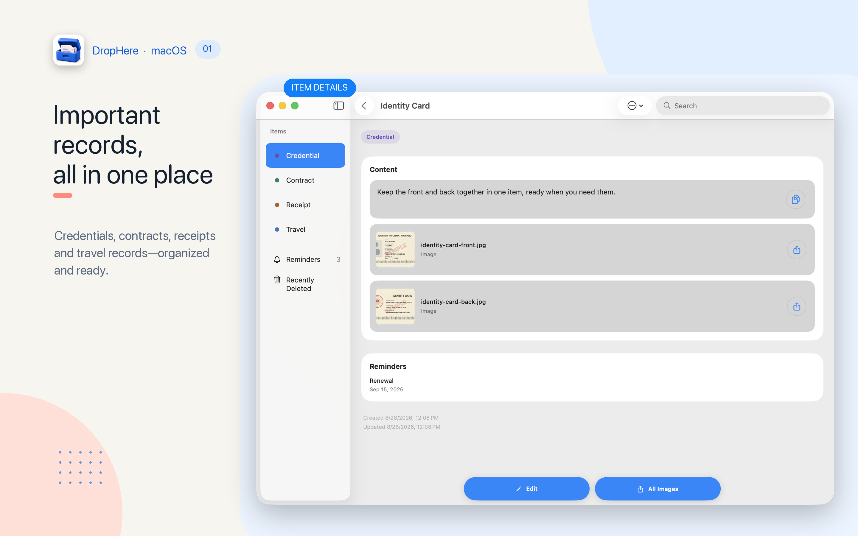 A complete record in DropHere for Mac