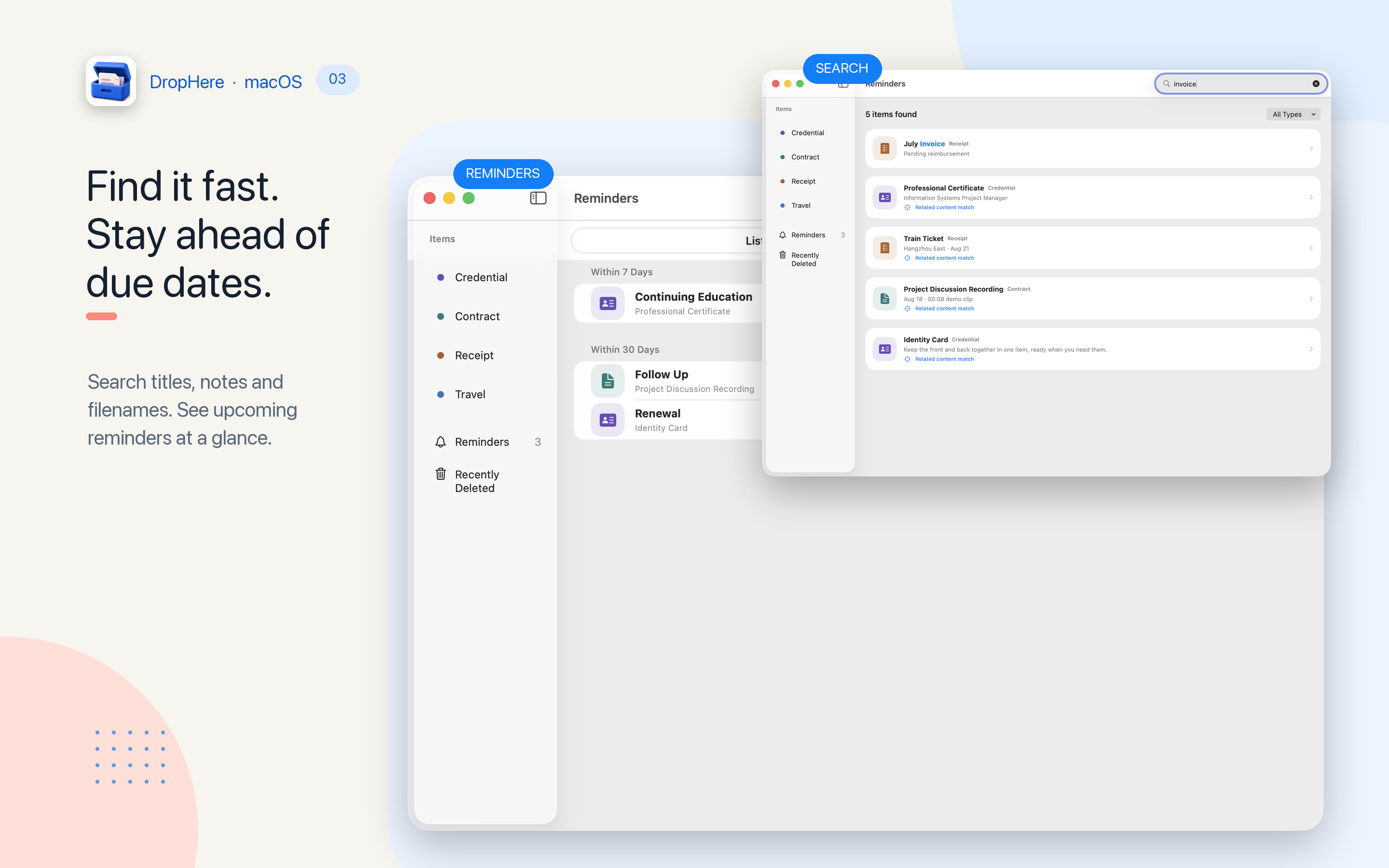 Local search and upcoming reminders in DropHere