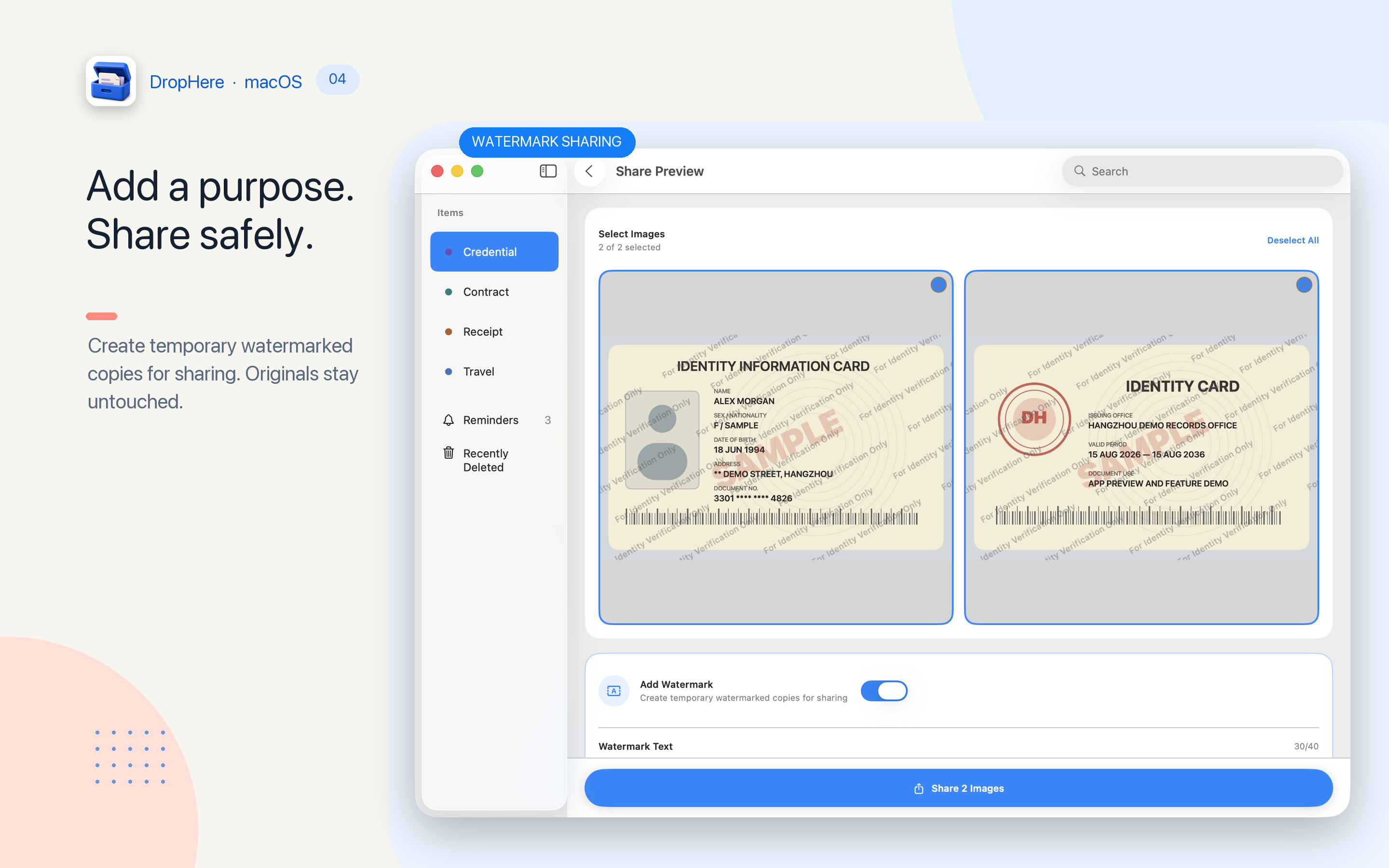 Previewing a purpose watermark before sharing identity images