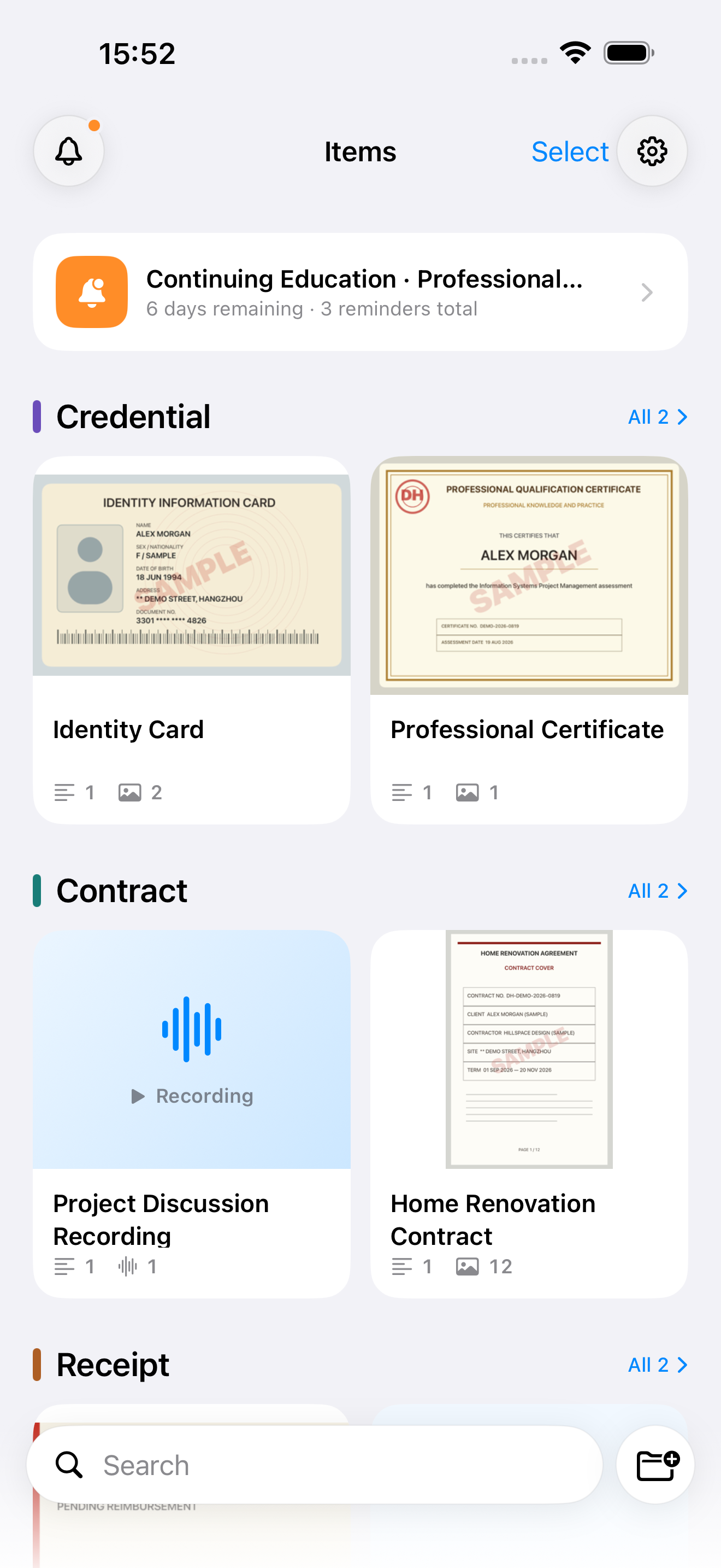 DropHere for iPhone showing identity, contract, and audio records